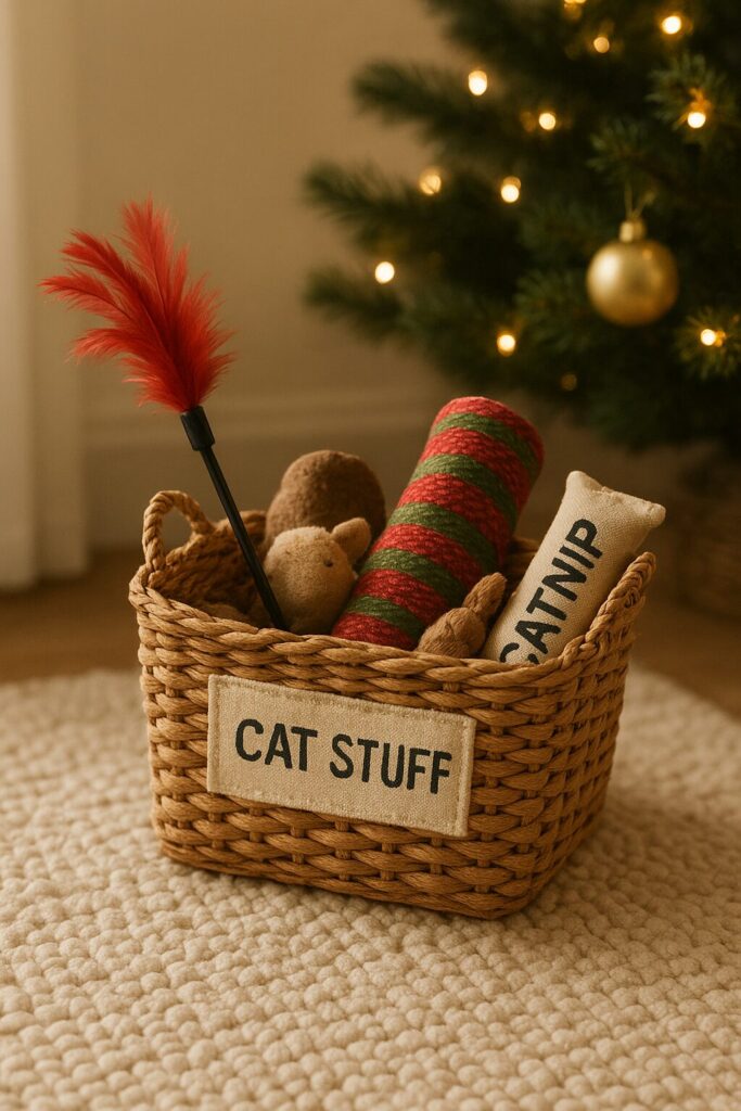 A small woven basket filled with toys beside a Christmas tree