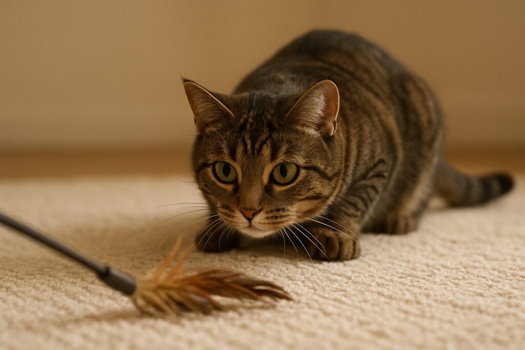A tabby cat crouches low, intensely focused on a feather wand toy