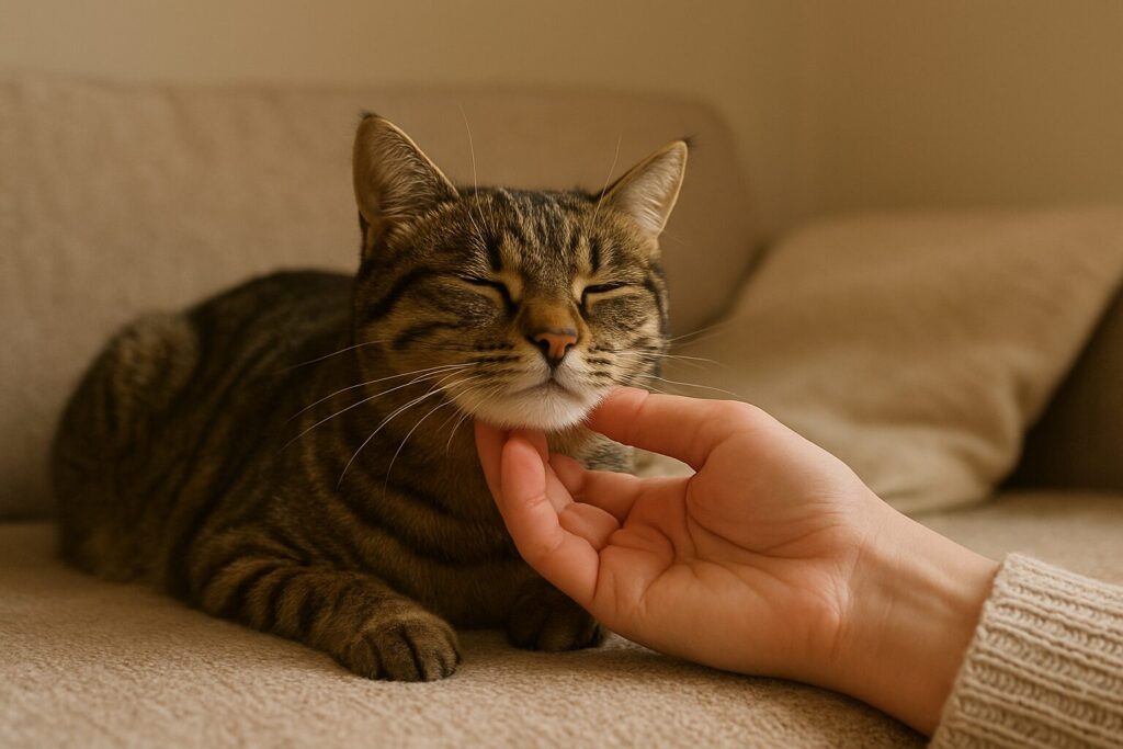 A relaxed tabby cat lounges with its eyes closed while a person’s hand gives gentle chin scratches