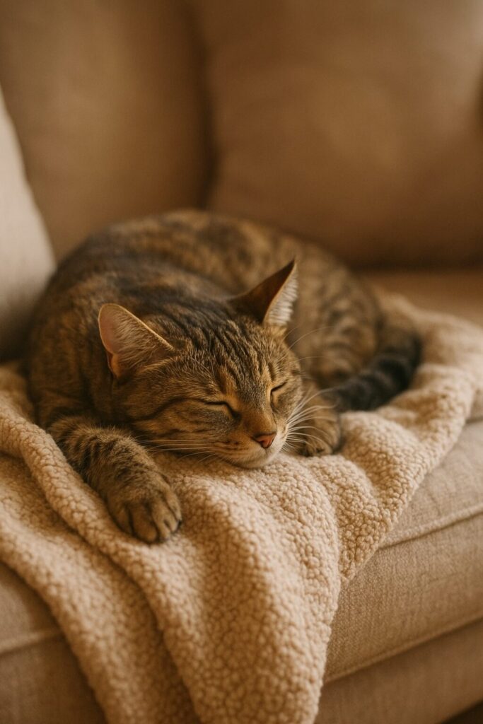 A tabby cat sleeping on sherpa throw blanket draped over a couch