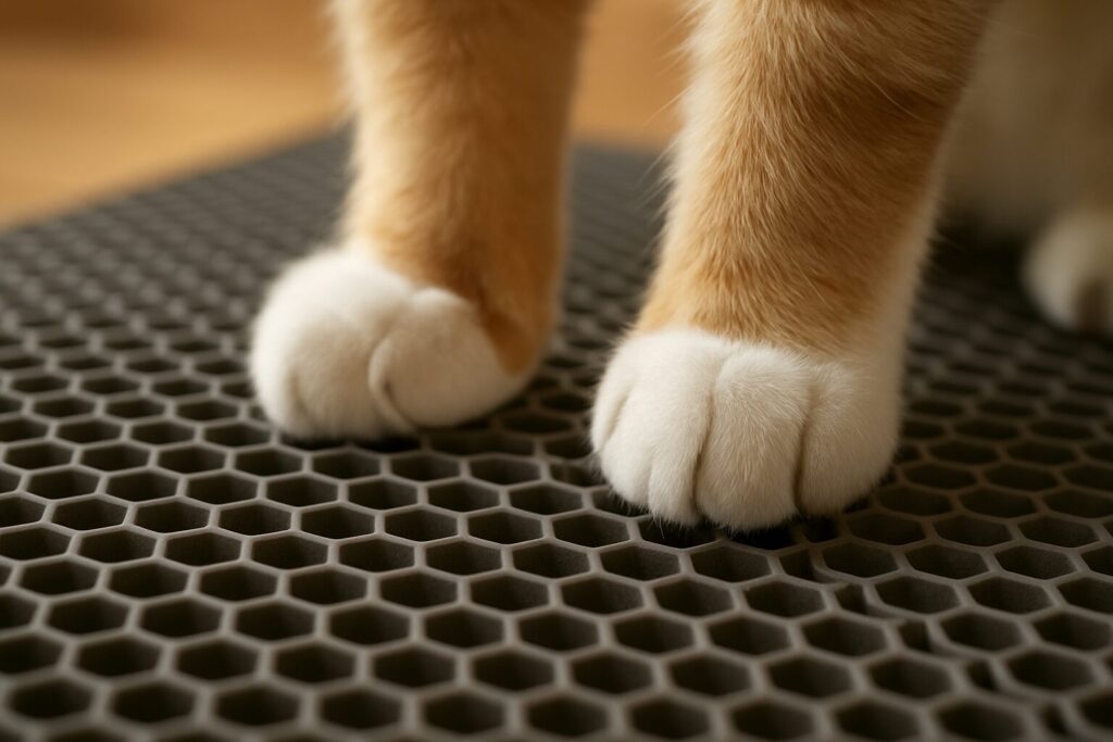Cat paws on a honeycomb-style litter mat