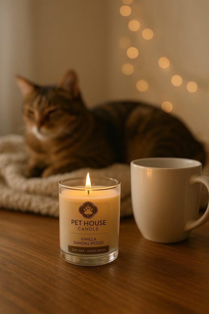 A pet-safe soy candle a simple ceramic mug and a cat lying nearby with a string lights in the background